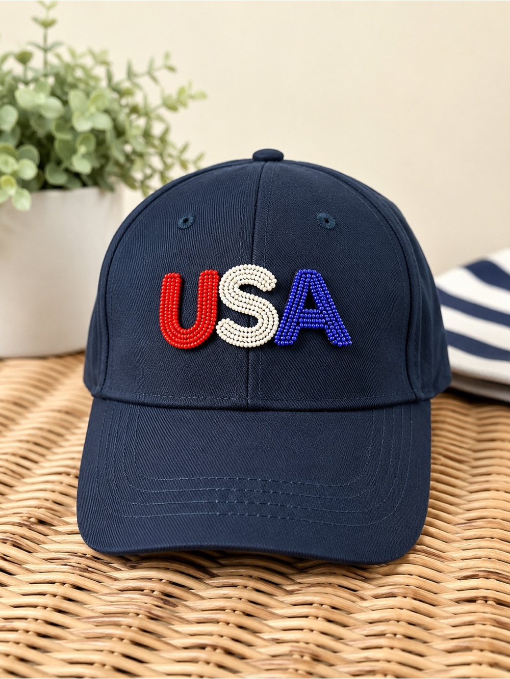 NWT USA Beaded Navy Baseball Cap Americana Coastal Preppy Hat